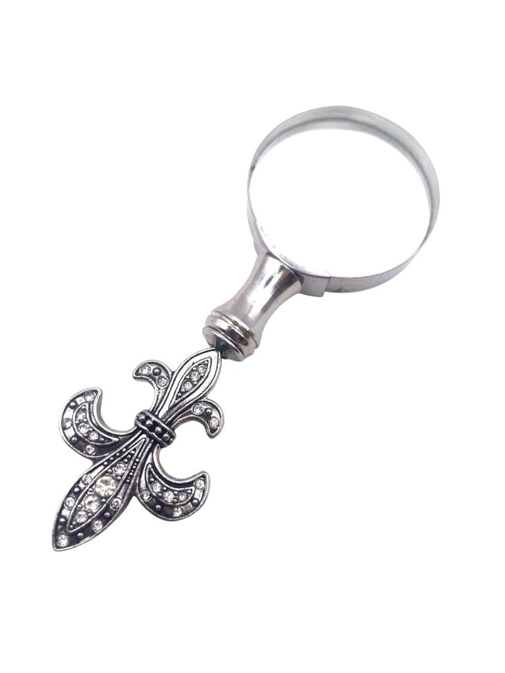 Handheld Magnifying Glass Fleur-De-Lis Rhinestones Silver Tone Handle Vintage